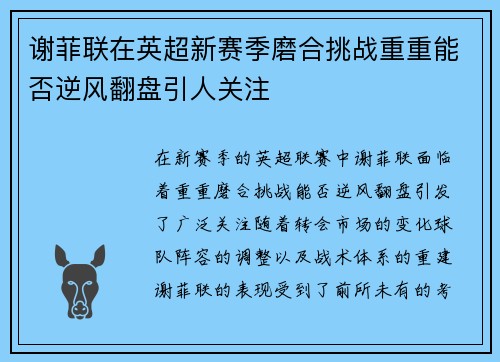 谢菲联在英超新赛季磨合挑战重重能否逆风翻盘引人关注