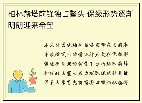 柏林赫塔前锋独占鳌头 保级形势逐渐明朗迎来希望