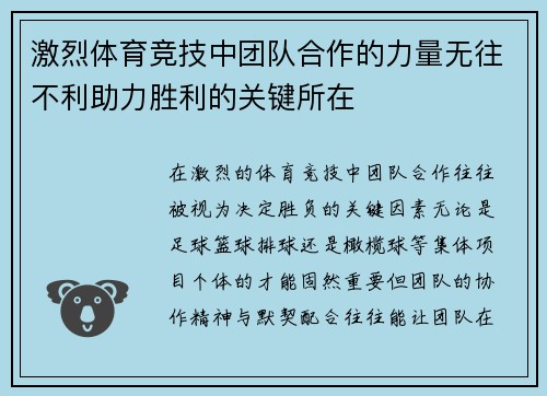 激烈体育竞技中团队合作的力量无往不利助力胜利的关键所在