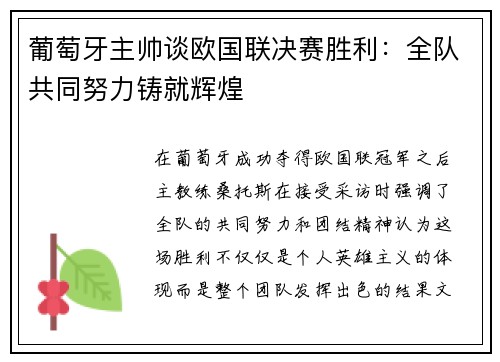 葡萄牙主帅谈欧国联决赛胜利:全队共同努力铸就辉煌