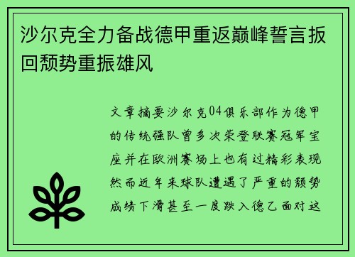 沙尔克全力备战德甲重返巅峰誓言扳回颓势重振雄风