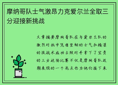 摩纳哥队士气激昂力克爱尔兰全取三分迎接新挑战
