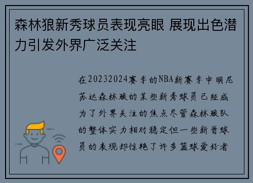 森林狼新秀球员表现亮眼 展现出色潜力引发外界广泛关注