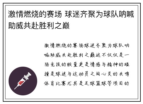 激情燃烧的赛场 球迷齐聚为球队呐喊助威共赴胜利之巅