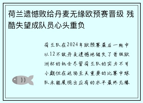 荷兰遗憾败给丹麦无缘欧预赛晋级 残酷失望成队员心头重负