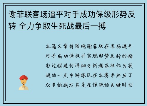 谢菲联客场逼平对手成功保级形势反转 全力争取生死战最后一搏