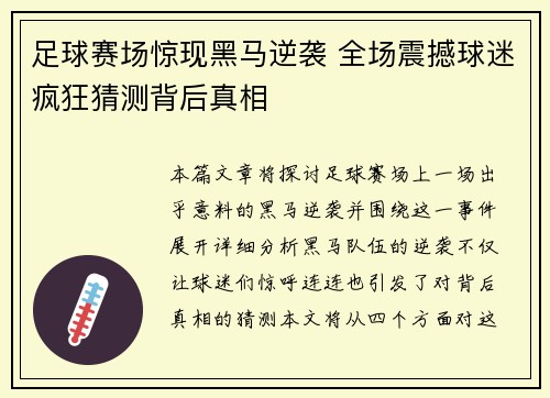 足球赛场惊现黑马逆袭 全场震撼球迷疯狂猜测背后真相