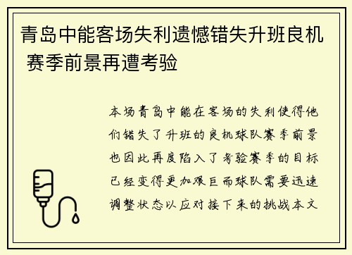 青岛中能客场失利遗憾错失升班良机 赛季前景再遭考验